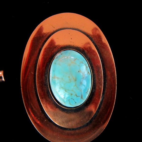 Vintage copper & turquoise brooch/pendant & cufflink set - unisex -MCM to Modern - Picture 4 of 9